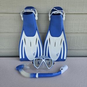 Speedo Dive Adult Snorkel Mask Fin Set Blue White Men L/XL 9-13 Shoe Flippers